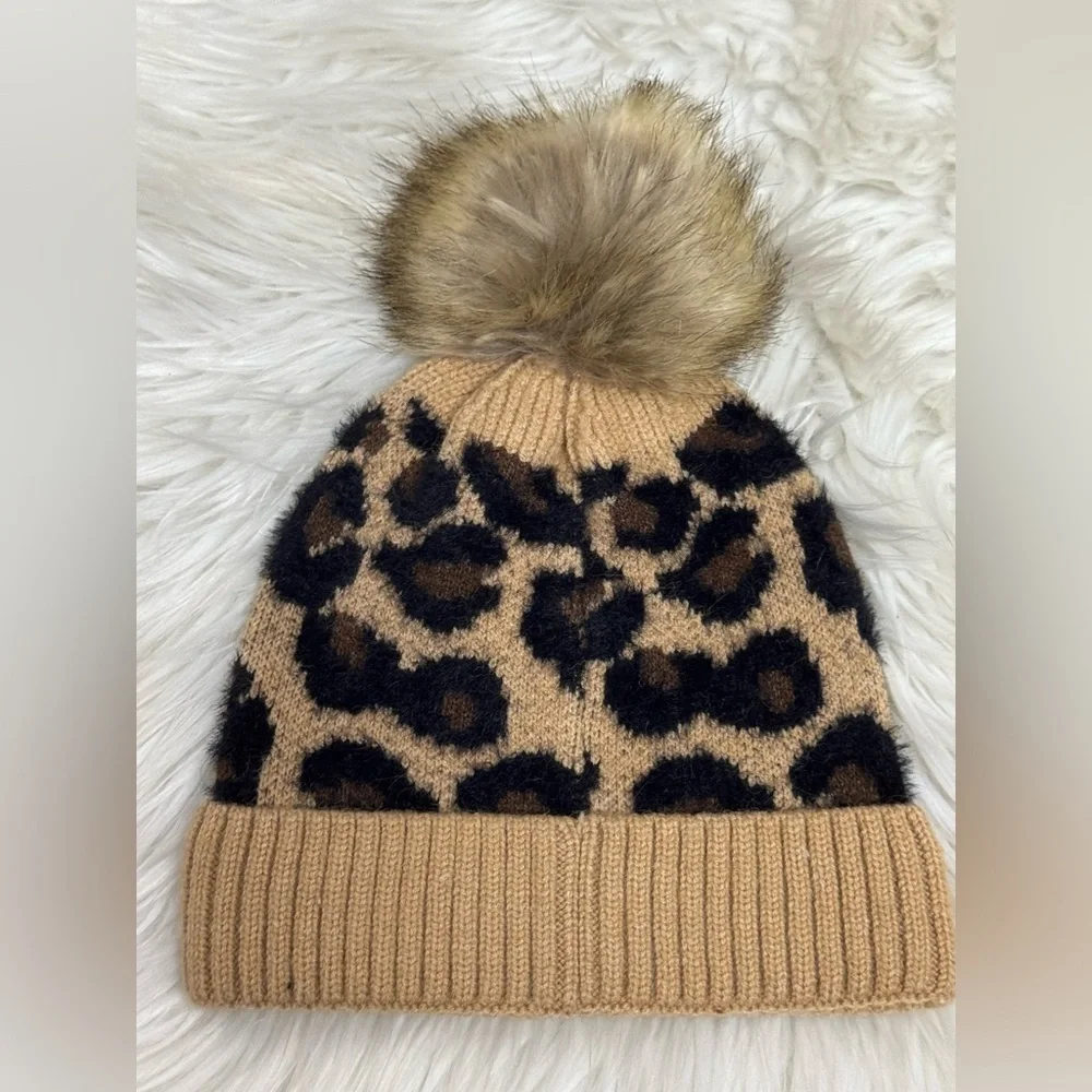 C.C Exclusives Soft Beanie Hat with Leopard Print Pattern and Faux Fur Pom